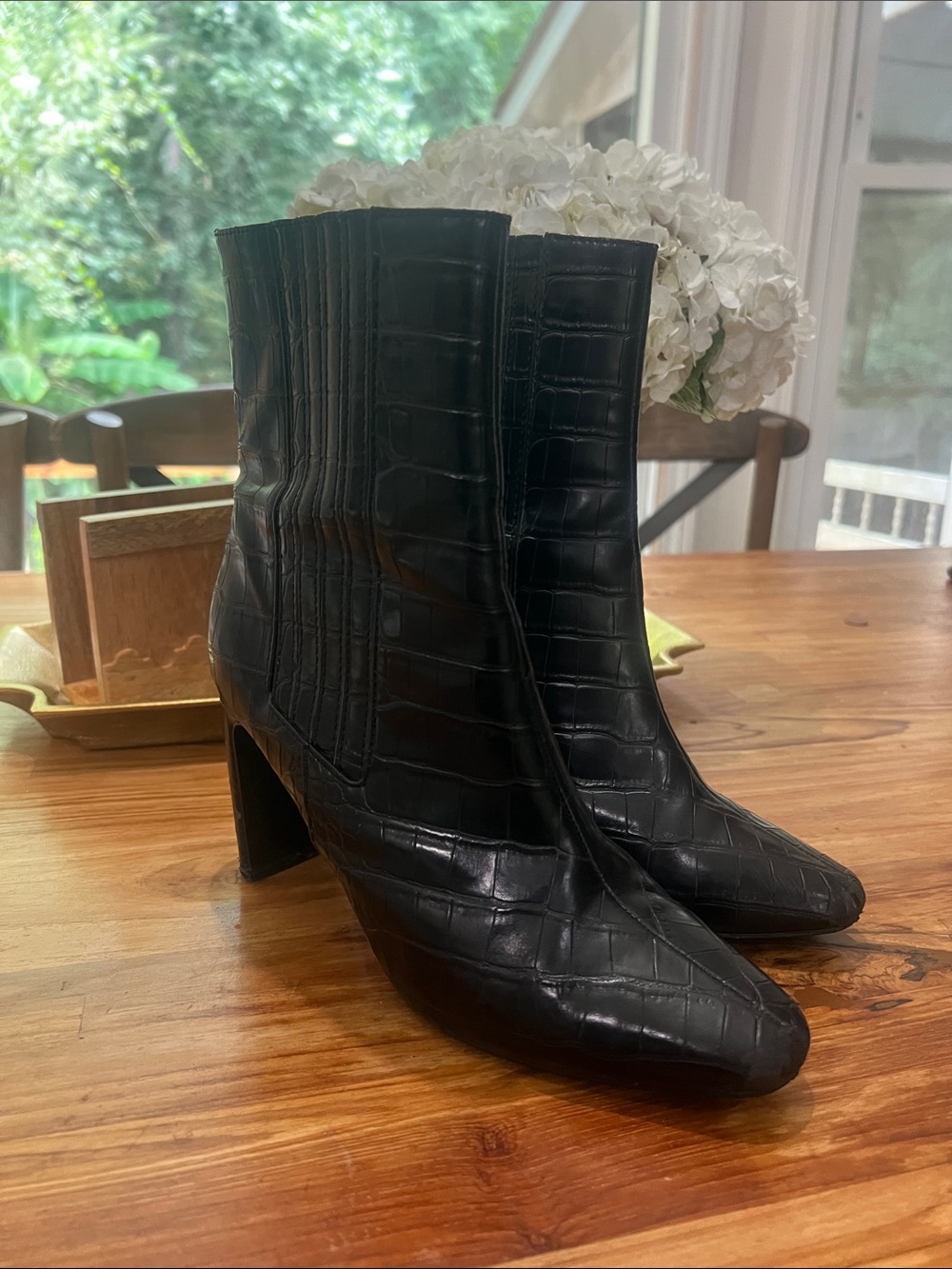 ASOS Black Croc-Embossed Mid Heel Ankle Boots